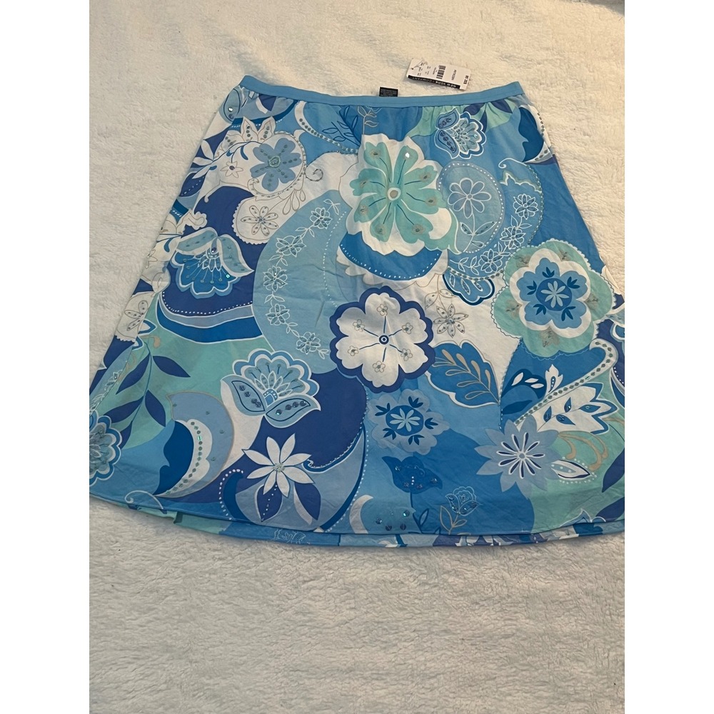 New York & Company Blue Floral Sequin A-Line Cotton Skirt Medium NWT